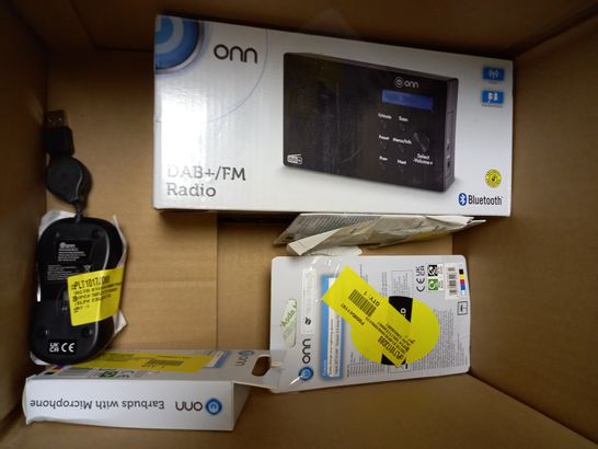BOX OF APPROXIMATELY 10 ASSORTED HOUSEHOLD ITEMS TO INCLUDE ONN PORTABLE STEREO BLUETOOTH SPEAKER, ONN STEREO HEADSET, ONN USB CABLE, ETC