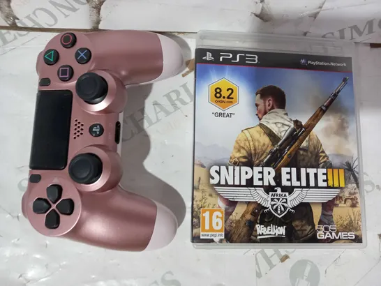 LOT OF 2 ASSORTED SONY PLAYSTATION ITEMS TO INCLUDE WIRELESS CONTROLLER IN METALLIC PINK COLOUR (CUH-ZCT2E), AND SNIPER ELITE III PS3 GAME