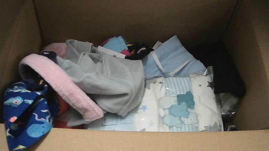 BOX OF ASSORTED BABY CLOTHES DRESSES, BABY GROWS, SOCKS