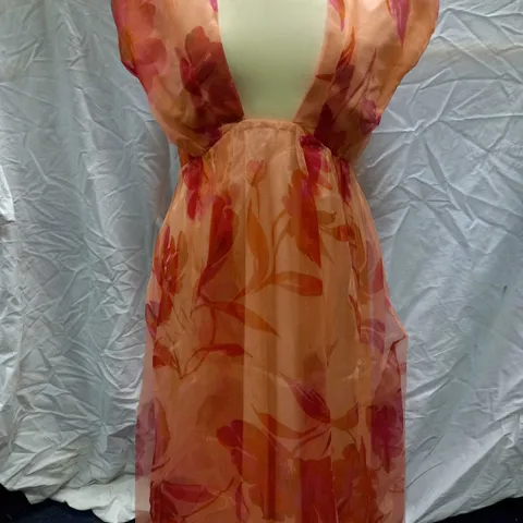 COAST CROSS FRONT PRINTED ORGANZA PEACH MIDI DRESS - SIZE 14