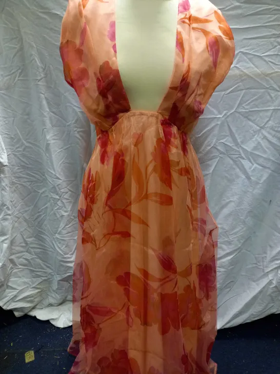 COAST CROSS FRONT PRINTED ORGANZA PEACH MIDI DRESS - SIZE 14