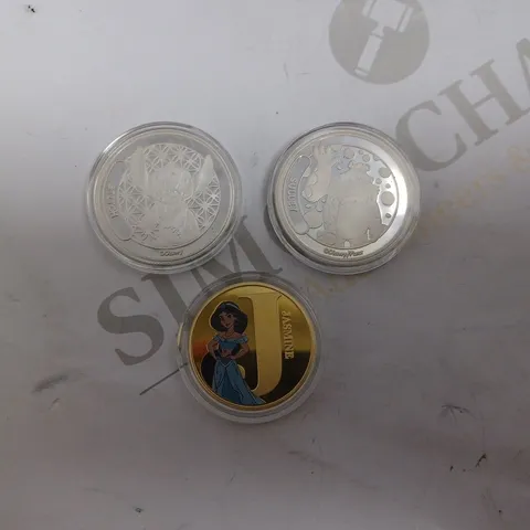 THREE DISNEY COLLECTABLE COINS INCLUDING JASMINE, SULLEY AND STITCH