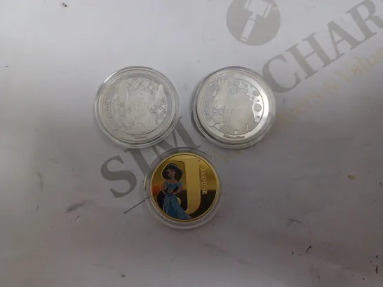 THREE DISNEY COLLECTABLE COINS INCLUDING JASMINE, SULLEY AND STITCH