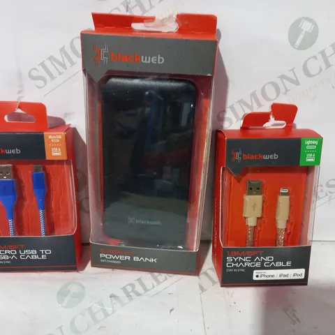 BOX OF APPROXIMATELY 20 ASSORTED ELECTRICAL ITEMS TO INCLUDE BLACKWEB SYNC AND CHARGE CABLE, BLACKWEB POWER BANK, BLACKWEB MICRO USB TO USB-A CABLE, ETC