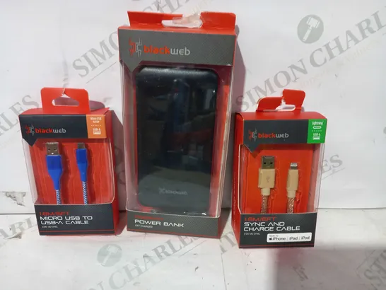 BOX OF APPROXIMATELY 20 ASSORTED ELECTRICAL ITEMS TO INCLUDE BLACKWEB SYNC AND CHARGE CABLE, BLACKWEB POWER BANK, BLACKWEB MICRO USB TO USB-A CABLE, ETC