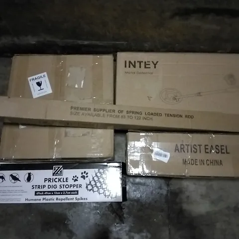 PALLET OF ASSORTED ITEMS INCLUDING INTEY METAL DETECTOR, SPRING LOADED TENSION ROD, PRICKLE STRIP DIG STOPPER, ARTIST EASEL, CARPET PROTECTOR, CHRISTMAS LED LIGHTS