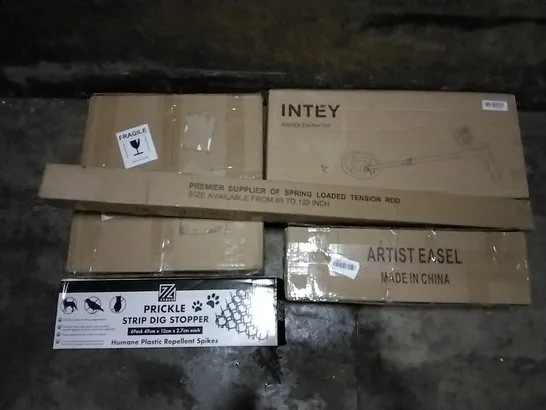 PALLET OF ASSORTED ITEMS INCLUDING INTEY METAL DETECTOR, SPRING LOADED TENSION ROD, PRICKLE STRIP DIG STOPPER, ARTIST EASEL, CARPET PROTECTOR, CHRISTMAS LED LIGHTS