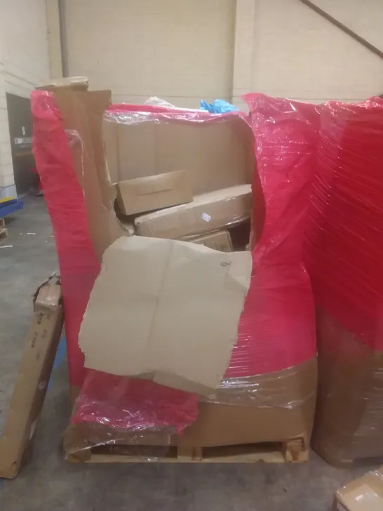 PALLET OF ASSORTED HOUSEHOLD PRODUCTS AND ITEMS, INCLUDING; AIR FRYER, CHILDREN'S TRICYCLE, PURIFIER AND HEATER FAN, OFFICE CHAIR, TURNTABLE HI-FI SYSTEM ETC