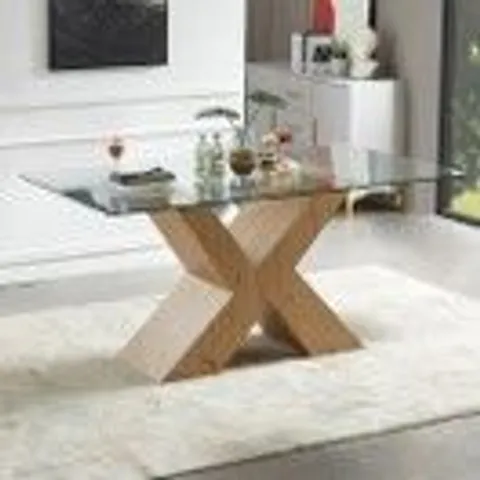 BOXED ZANTI CLEAR GLASS DINING TABLE WITH OAK LEGS (2 BOXES)