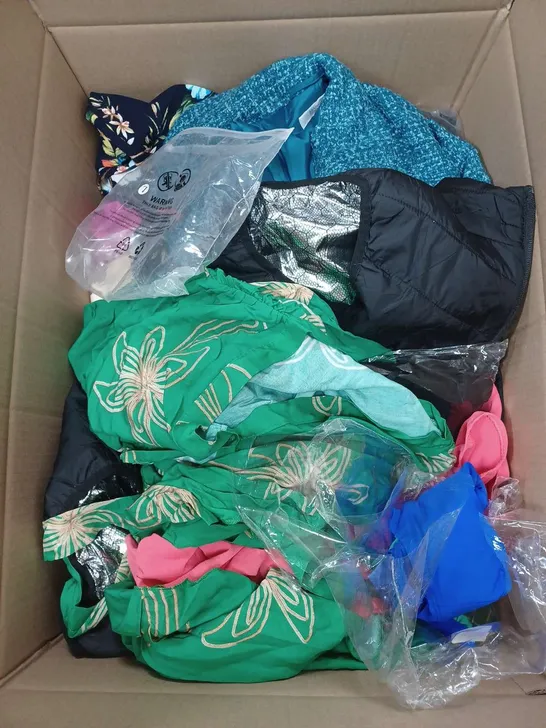 BOX OF APPROXIMATELY 22 ASSORTED CLOTHING ITEMS TO INCLUDE - NECK WARMER , TROUSERS , JUMPER ETC