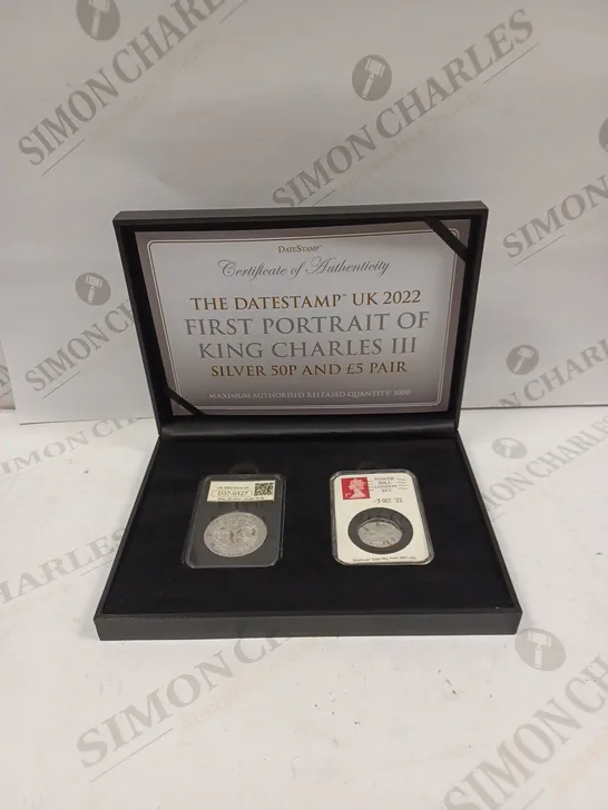 THE DATESTAMP UK 2022 FIRST PORTRAIT OF CHARLES III SILVER 50P & £5 PAIR 