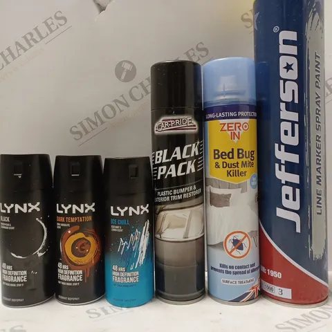 BOX OF APPROX 10 ASSORTED AEROSOLS TO INCLUDE LYNX BODY SPRAY, CAR PRIDE BLACK PACK RESTORER, BED BUG KILLER, ETC