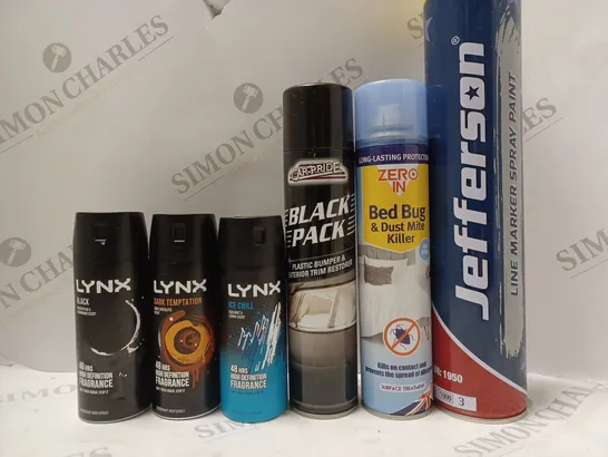 BOX OF APPROX 10 ASSORTED AEROSOLS TO INCLUDE LYNX BODY SPRAY, CAR PRIDE BLACK PACK RESTORER, BED BUG KILLER, ETC