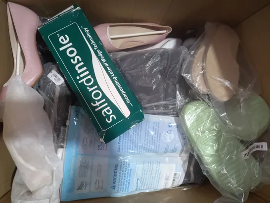 BOX OF APPROXIMATELY 15 ASSORTED PAIRS OF SHOES AND FOOTWEAR ITEMS IN VARIOUS STYLES AND SIZES TO INCLUDE PRIMARK, TJC, ETC