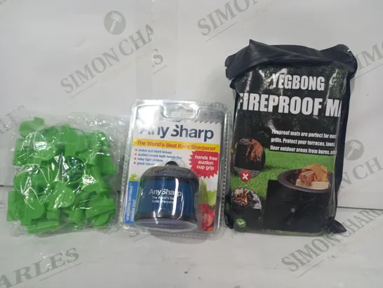 LOT OF APPROXIMATELY 8 ASSORTED HOUSEHOLD ITEMS TO INCLUDE YEGBONG FIREPROOF MAT, ANY SHARP KNIFE SHARPENER, ETC