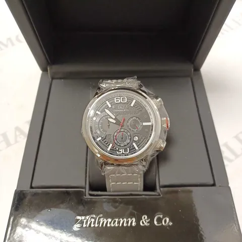 ZIHLMANN & CO BLACK TRIPLE DIAL GREY LEATHER STRAP WATCH