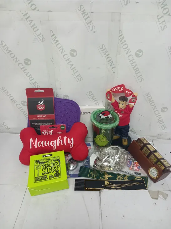 APPROXIMATELY 10 ASSORTED HOUSEHOLD GOODS TO INCLUDE ELBOY AND POOCH TREAT MAT, ERNIE BALL GUITAR STRINGS, SUPACOLOUR STREETWEAR HEAT TRANSFERS ETC. 