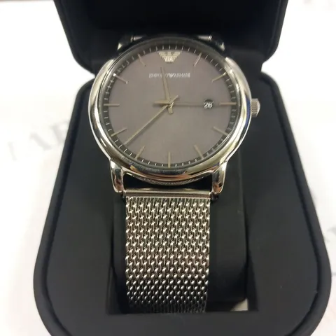 BOXED EMPORIO ARMANI STAINLESS STEEL MESH WRIST WATCH