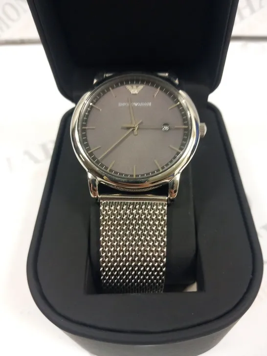 BOXED EMPORIO ARMANI STAINLESS STEEL MESH WRIST WATCH