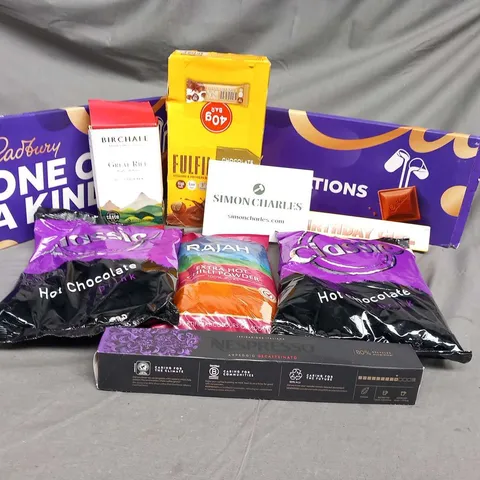 LARGE QUANTITY OF ASSORTED FOOD AND PERISHABLES TO INCLUDE; TOBLERONE, CADBURY'S DAIRY MILK BARS 850G, RAJAH EXTRA HOT CHILLI POWDER AND BIRCHALL GREAT RIFT BREAKFAST TEA