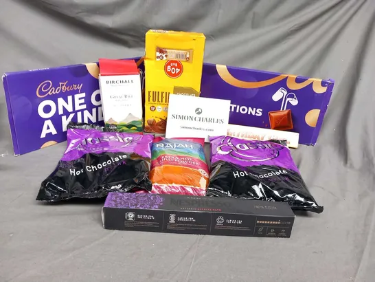 LARGE QUANTITY OF ASSORTED FOOD AND PERISHABLES TO INCLUDE; TOBLERONE, CADBURY'S DAIRY MILK BARS 850G, RAJAH EXTRA HOT CHILLI POWDER AND BIRCHALL GREAT RIFT BREAKFAST TEA