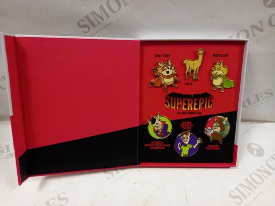 BOX OF APPROXIMATELY 80 SUPEREPIC CHARACTER PIN BADGE SETS 