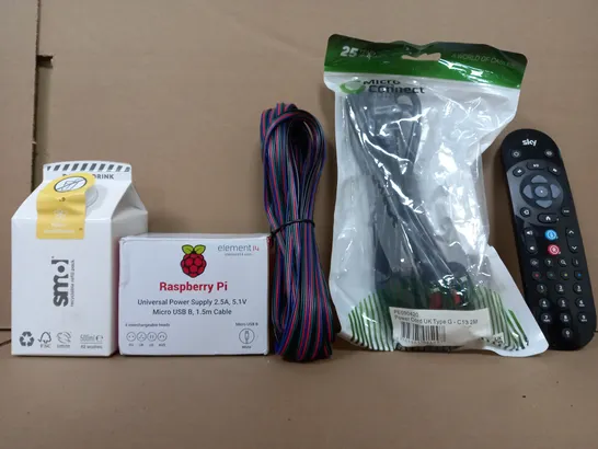 BOX OF APPROXIMATELY 10 ASSORTED ITEMS TO INCLUDE - RASPBERRY PI, SKY REMOTE , TYPE G PLUG ETC