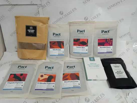 BOX OF ASSORTED FOOD AND DRINK ITEMS TO INCLUDE PACT COFFEE/ THOMSONS COFFEE AND ORGANIC BURDOCK ROOT POWDER