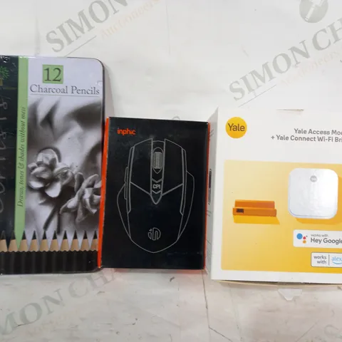 LOT OF APPROXIMATELY 10 ASSORTED HOUSEHOLD ITEMS TO INCLUDE YALE ACCESS MODULE, INPHIC WIRELESS MOUSE, CHARCOAL PENCILS, ETC