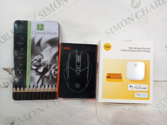 LOT OF APPROXIMATELY 10 ASSORTED HOUSEHOLD ITEMS TO INCLUDE YALE ACCESS MODULE, INPHIC WIRELESS MOUSE, CHARCOAL PENCILS, ETC