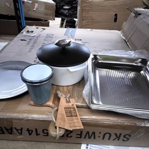 4 BOXES OF APPROXIMATELY 25 ITEMS INCLUDING CERAMIC PLATE SET, GREY CUPS, REVOL CERAMIC POT WITH LID, GOURMET DOUBLE HANDLED MANGO BOARD, METAL COOKING TRAYS