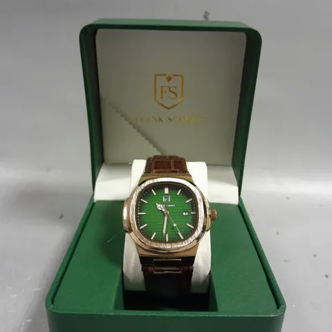 BOXED FRANK SCHMIDT WATCH WITH TEXTURED DIAL & LEATHER STRAP IN BROWN 