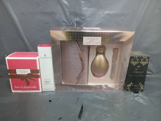 BOX OF APPROXIMATELY 8 ASSORTED HEALTH & BEAUTY ITEMS TO INCLUDE - SOIR DORIENT EAU DE PARFUM , LOVELY YOU GIFT SET , VICTORIAS SECRET LOVE IS HEAVENLY ETC