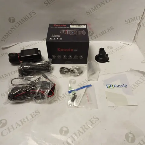 BOXED KUSSLA FRONT, REAR AND INSIDE DASH CAM - MODEL X30 - WITH ACCESSORIES, CABLES AND INSTRUCTIONS