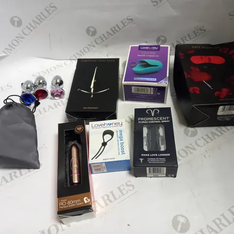 LOT OF APPROX 10 ASSORTED ADULT ITEMS TO INCLUDE ANAL PLUGS, DATE NIGHT KIT, VIBRATORS ETC