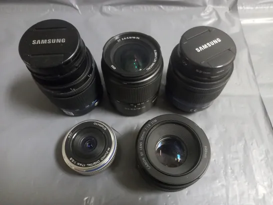 LOT OF 5 ASSORTED CAMERA LENSES TO INCLUDE OLYMPUS M.ZUIKO DIGITAL, CANON EF LENS AND SAMSUNG D-XENON