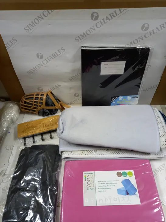 BOX OF APPROXIMATELY 10 ASSORTED HOUSEHOLD ITEMS TO INCLUDE A4 DISPLAY BOOK, WALL MOUNTED COAT HOOKS, YOGA BLOCK ETC