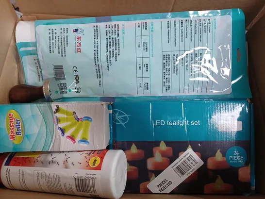 BOX OF APPROX 18 ITEMS TO INCLUDE - MASSAGE ROLLER - ZERO IN ANT KILLER - LED TEALIGHTS SET ECT 