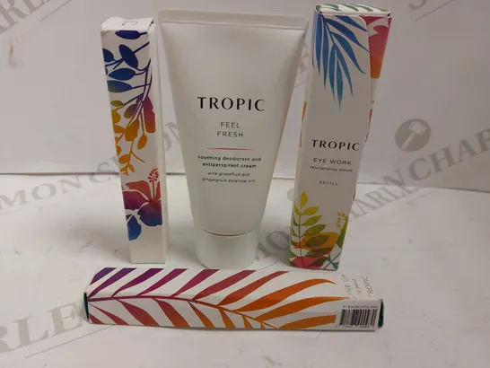 BOX OF 4 TROPIC ITEMS TO INCLUDE EYE WORK SERUM, LIP STAIN AND ANTIPERSPIRANT CREAM