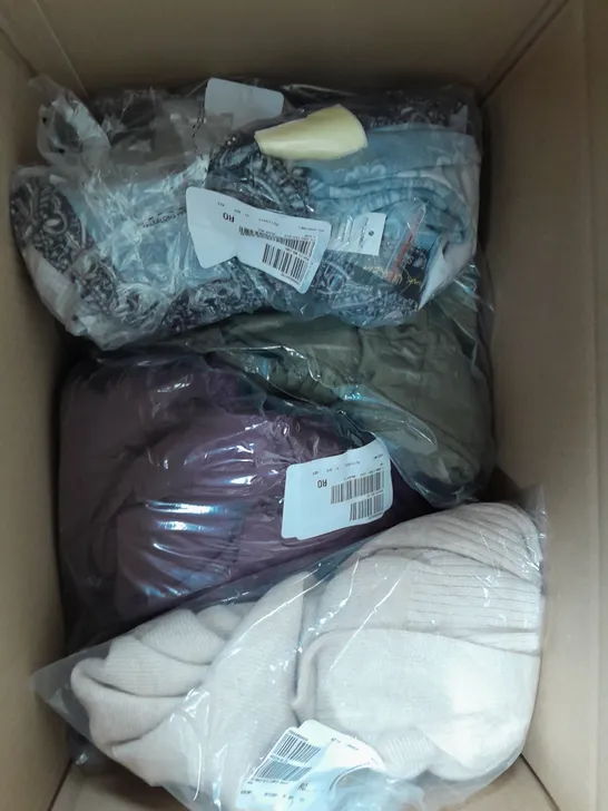 A BOX OF 6 ITEMS OF CLOTHING TO INCLUDE A BROWN FAUX LEATHER JACKET AND A BLACK CARDIGAN WITH PEARL TRIM 