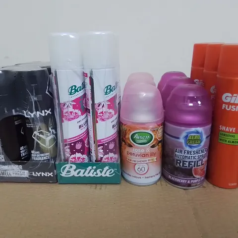 LOT OF ASSORTED HOME AEROSOLS TO INCLUDE LYNX DEODORANT, GILLETTE SHAVE GEL