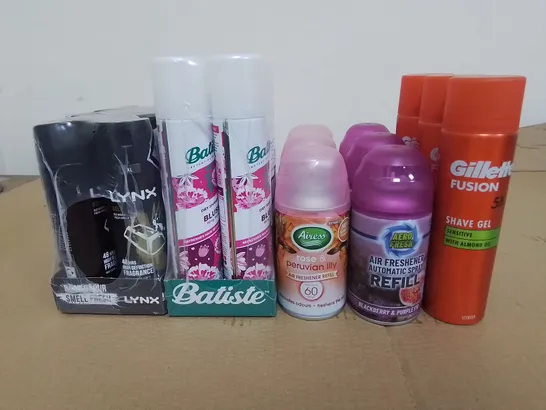 LOT OF ASSORTED HOME AEROSOLS TO INCLUDE LYNX DEODORANT, GILLETTE SHAVE GEL