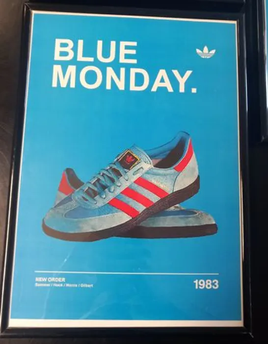 FIVE FRAMED ADIDAS CASUALS/MANCHESTER MUSIC SCENE INSPIRED PRINTS TO INCLUDE BLUE MONDAY/MANCHESTERS, LIVE FOREVER/HAMBURGS AND WONDERWALL/STOCKHOLMS