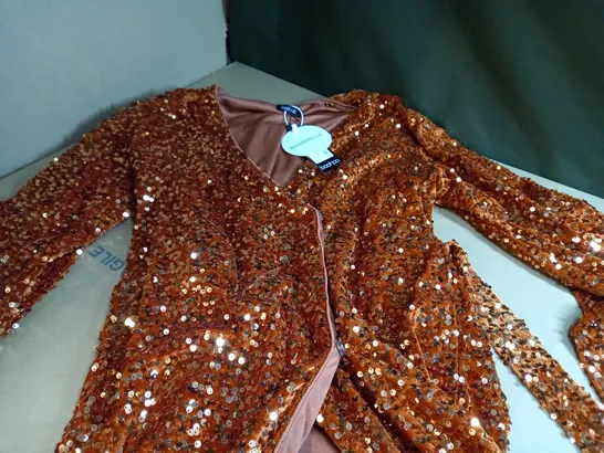 BOOHOO BURNT ORANGE SEQUIN WRAP BETED MIDI DRESS - SIZE 14