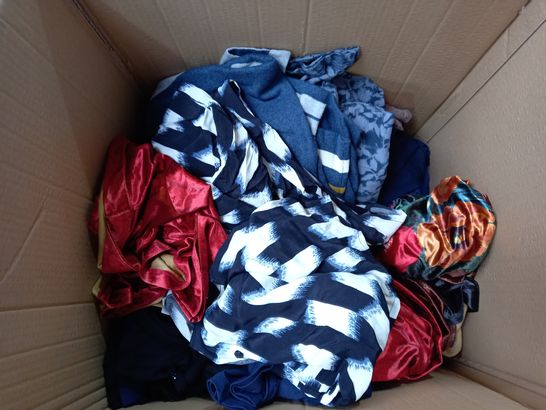 BOX OF APPROX 20 DESIGNER STYLE CLOTHING ITEMS TO INCLUDE WHITE STUFF BLUE DRESS, FRANK USHER PINK TOP, BULTER AND WILSON TOP (SIZE UNSPECIFIED)