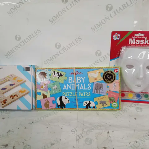 BOX OF APPROXIMATELY 20 ASSORTED TOYS AND GAMES TO INCLUDE PAINT YOUR OWN MASK, BABY ANIMALS PUZZLE PAIRS, WOODEN FARM DOMINOES, ETC