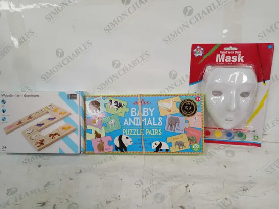 BOX OF APPROXIMATELY 20 ASSORTED TOYS AND GAMES TO INCLUDE PAINT YOUR OWN MASK, BABY ANIMALS PUZZLE PAIRS, WOODEN FARM DOMINOES, ETC