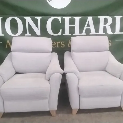 QUALITY G-PLAN BRITISH MADE HARDWOOD FRAMED PAIR OF HURST MASCA ICE FABRIC POWER RECLINING ARMCHAIRS