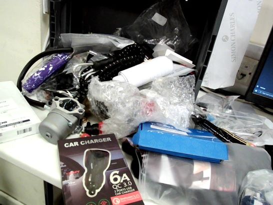 TRAY OF ASSORTED ITEMS, BOSCH SPARK PLUGS, CAR CHARGERS, KEY FOBS, VINYL STICKERS, SMALL ENGINE CARBURETTER, BUNGEE CHORD