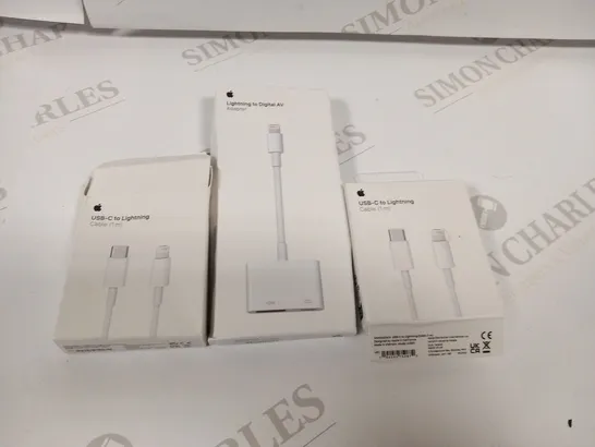 3 ASSORTED APPLE PRODUCTS TO INCLUDE; USB-C TO LIGHTNING CABLES AND LIGHTNING TO DIGITAL AV ADAPTER